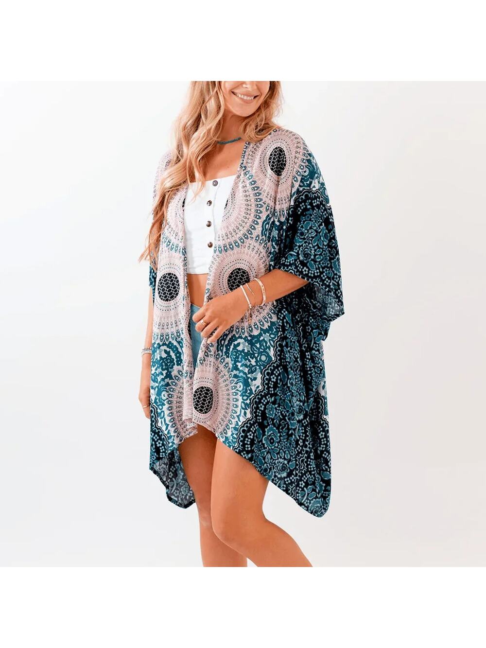 Lotus and Luna Koh Samui Mandala Kimono Cover Up One Size Boho Geometric NWT